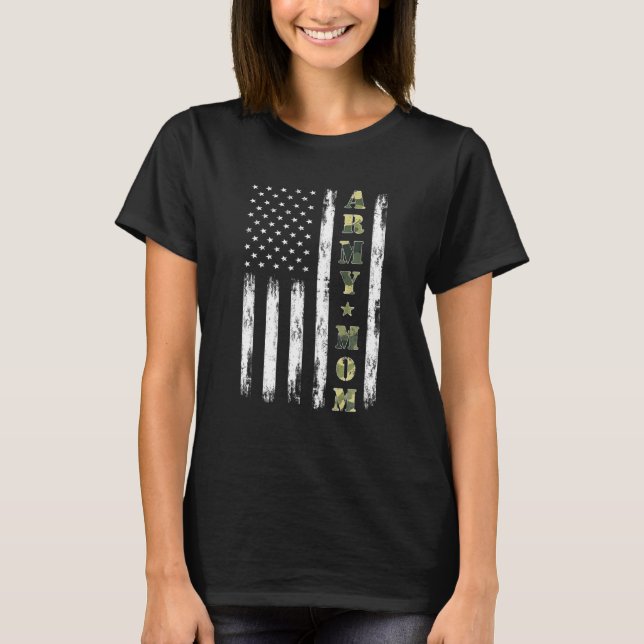 Camiseta Orgullosa Mamá del Ejército Bandera Americana Camo (Anverso)