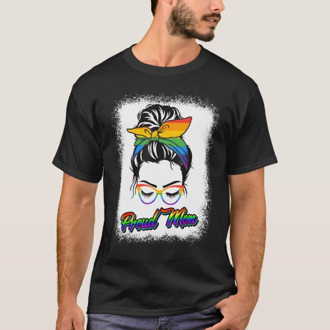 Camiseta Orgullosa Mamá Messy Bun Rainbow Lgbt Mom Lgbt Gay (Anverso)