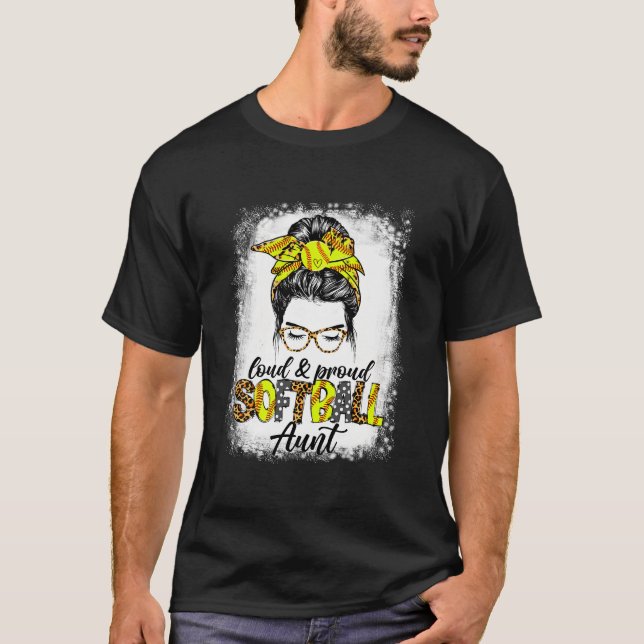 Camiseta Orgullosa Tía De Softbol Messy Bun Leopard Día De  (Anverso)