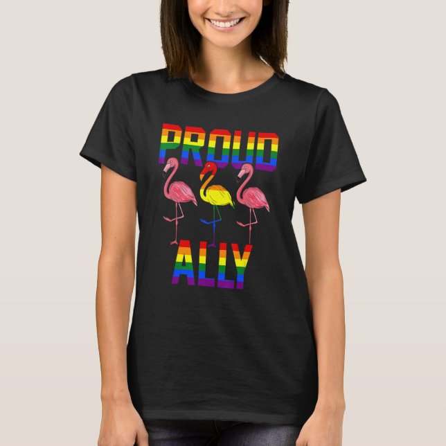 Camiseta Orgulloso Ally Cute Bandera Lgbt Flamingos Orgullo (Anverso)