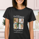 Camiseta Orgulloso GRANDMA Personalizado moderno 4 Graduaci<br><div class="desc">¡Felicitaciones por la graduación de tu nieto! Como abuela orgullosa, mereces mostrar tu amor y apoyo con una camiseta personalizada. Este diseño retro-moderno presenta un collage de fotos mostrando cuatro de tus recuerdos favoritos con tu graduado. Ya sea de secundaria, universidad o universidad, esta camisa es perfecta para cualquier graduado...</div>