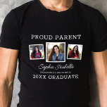Camiseta Orgulloso padre de un graduado de tres fotos<br><div class="desc">Esta moderna camiseta de graduación presenta una tipografía elegante en blanco con tres fotos cuadradas sobre un fondo negro. ¡Todos los colores y textos son personalizable! ¡Esta camisa hace un regalo maravilloso para cualquier padre!</div>