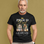 Camiseta Orgulloso papá del graduado<br><div class="desc">Ceremonia de graduación camiseta negra y dorada con un mortero de graduados,  5 fotos de tu hijo o hija,  el dicho "orgulloso padre del graduado",  su nombre,  lugar de estudio y año de clase.</div>