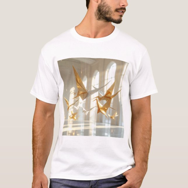 Camiseta Origami Flight – Suspended Paper Birds in Sunlit  (Anverso)