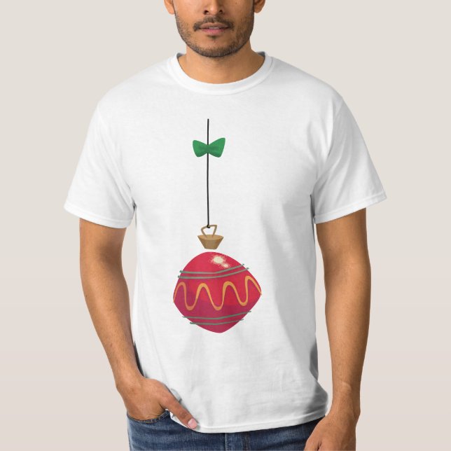 Camiseta Ornamento de Navidad Rojo Retro con arco verde (Anverso)