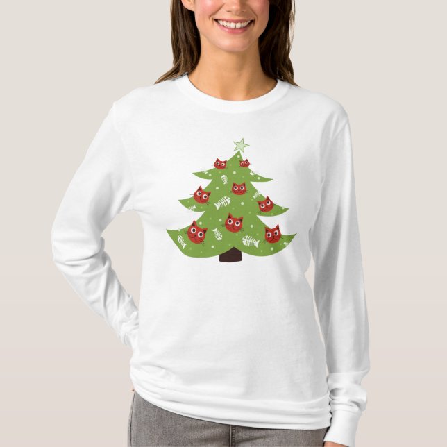 Camiseta Ornamentos De Gato Y Pescado Árbol De Navidad Mang (Anverso)