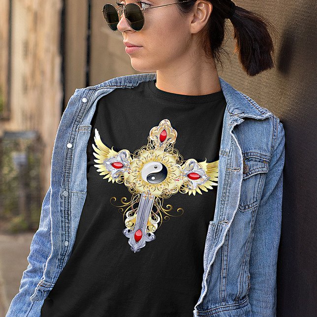 Camiseta Ornate Gold y Silver Yin Yang Cross T-Shirt (Subido por el creador)