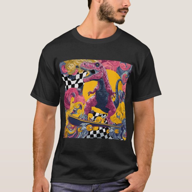 Camiseta Ornate Pink T-Rex Skateboarding (Anverso)
