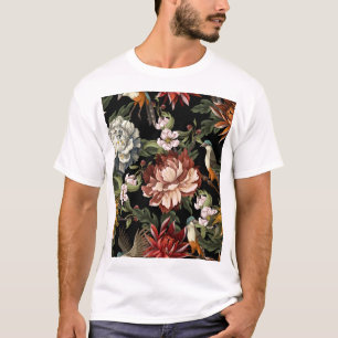 Camiseta Ornate Vintage Peonies, Rosas, Aves.