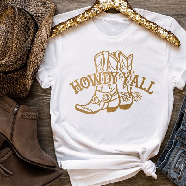 Camiseta Oro Oeste Cowboy Boots Howdy Y'all T-Shirt (Western Faux Gold Cowboy Boots Howdy Y'all T-Shirt)