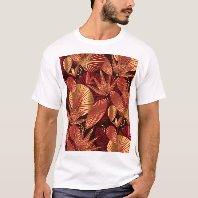 Camiseta Oro Rojo, Patrón Geométrico Tropical. (Anverso)