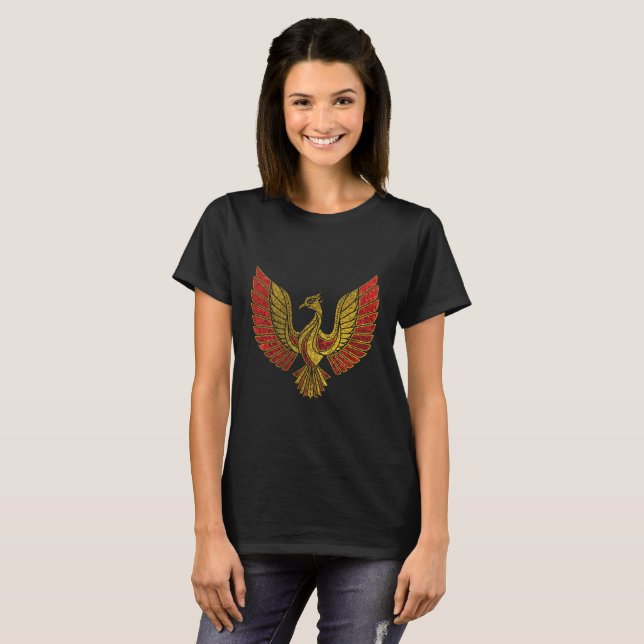Camiseta Oro y símbolo adornado rojo del pájaro de Phoenix (Anverso completo)