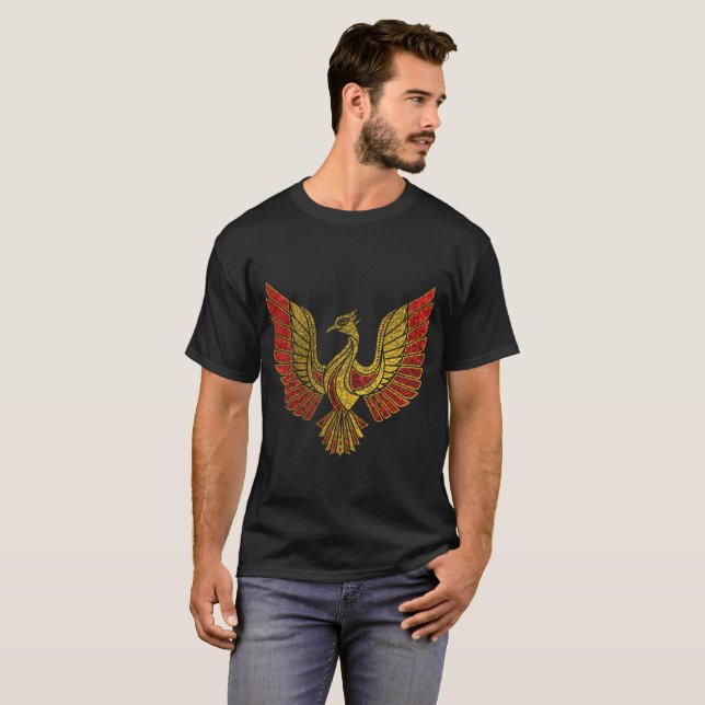 Camiseta Oro y símbolo adornado rojo del pájaro de Phoenix (Anverso completo)