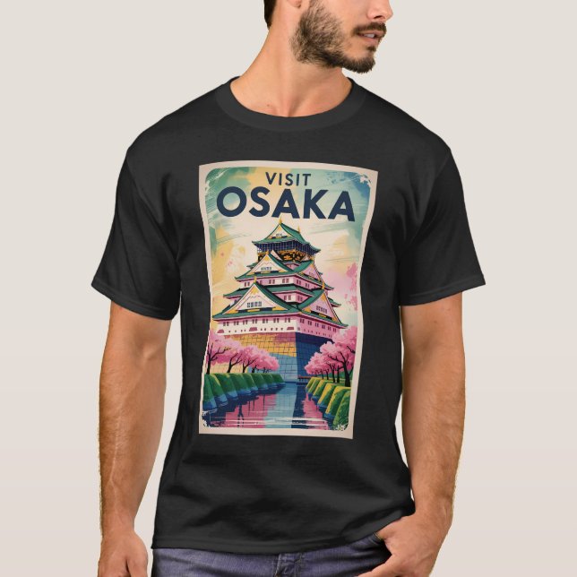 Camiseta Osaka Japan Castle Illustration Travel Art Vintage (Anverso)