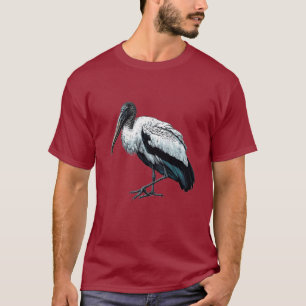 Camiseta oscura básica de ave de cigüeña de madera