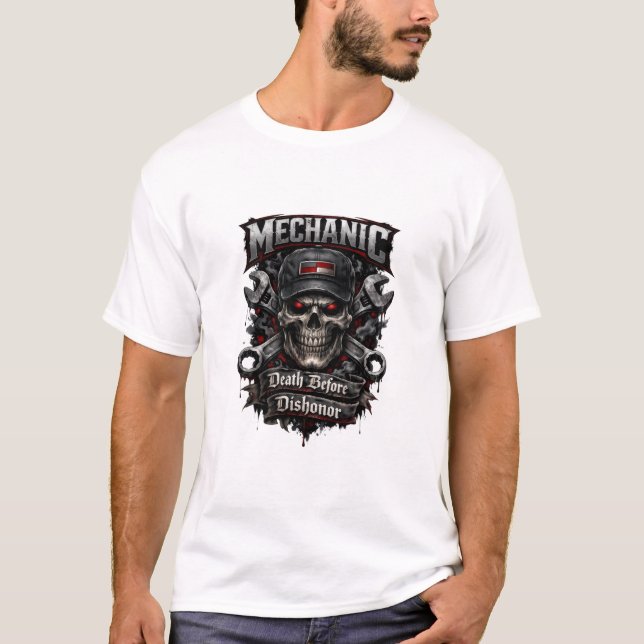 Camiseta oscura de calavera de mecánico Death Befo (Anverso)