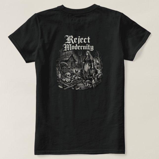 Camiseta oscura Rechazar la Modernidad (Reverso del diseño)