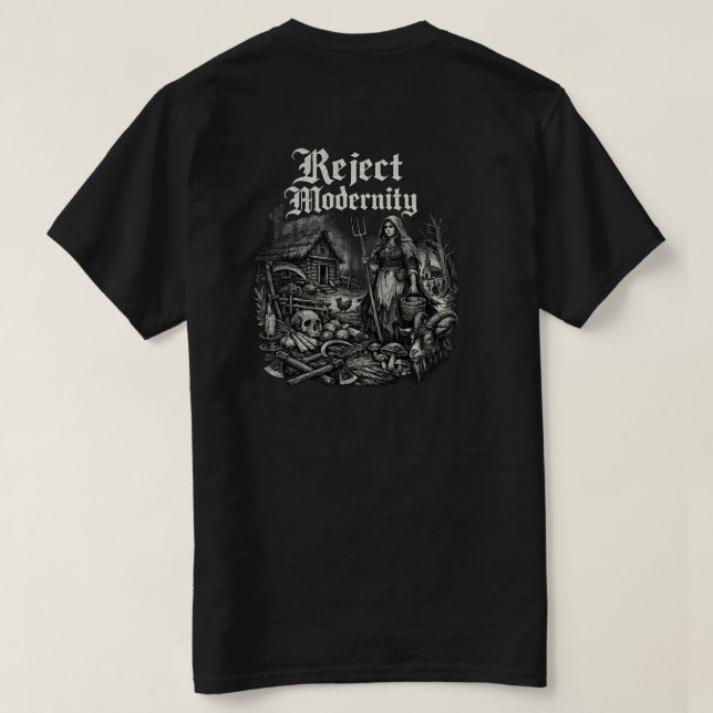 Camiseta oscura Rechazar la Modernidad (Reverso del diseño)