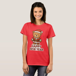 Camiseta Osito de peluche lindo Santa Feliz Año Nuevo Stick