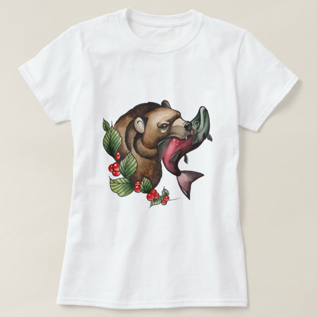 Camiseta Oso acuático y pez salmón (Diseño del anverso)