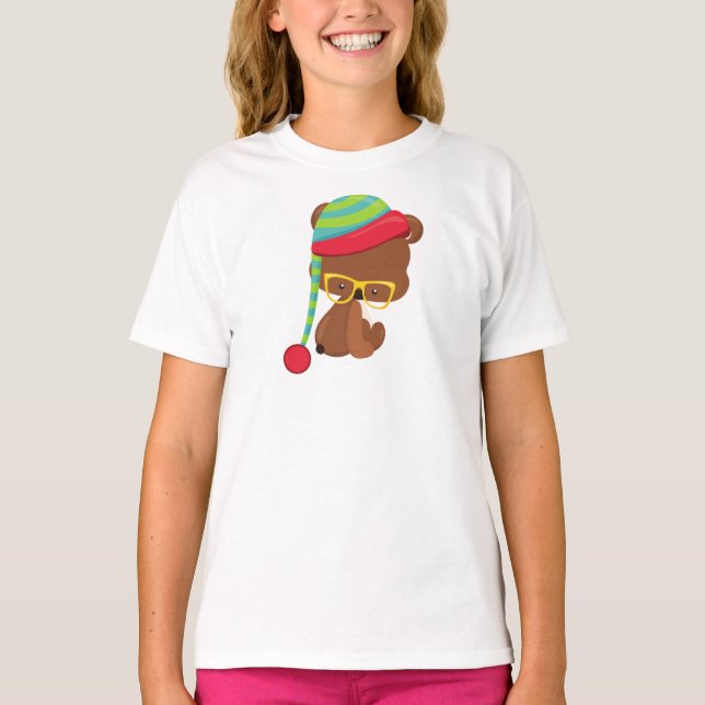 Camiseta Oso De Invierno, Oso Hipster, Oso Con Gafas, Gorra (Anverso)