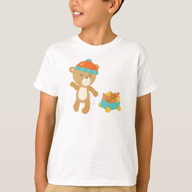 Camiseta Oso De Otoño, Oso Cuto, Oso Con Gorra, Hojas (Anverso)