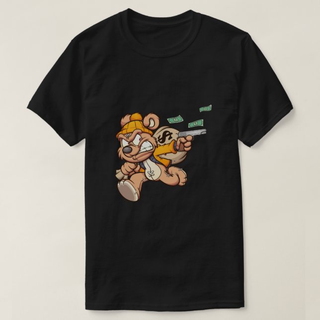 Camiseta oso de peluche robando una gran bolsa de dinero (Diseño del anverso)