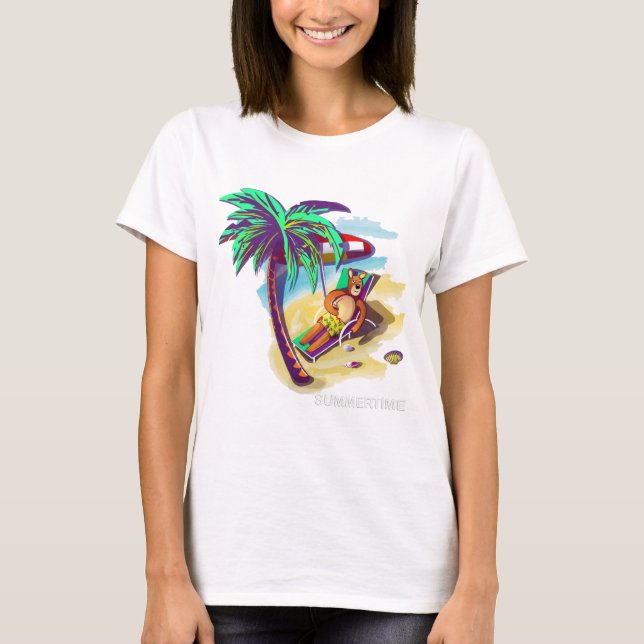 Camiseta Oso de verano relajante en la playa tropical (Anverso)