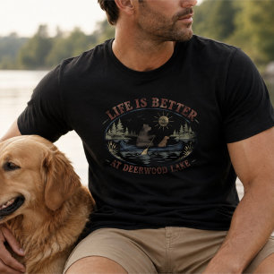 Camiseta Oso divertido de época con perro en canoa en el la
