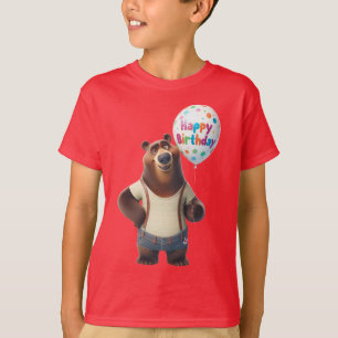 Camiseta Oso en pantalones cortos de mezclilla, Feliz Cumpl