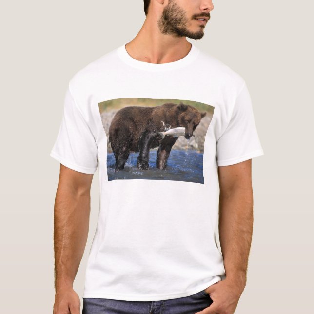 Camiseta Oso marrón, oso pardo, con salmón capturado, (Anverso)
