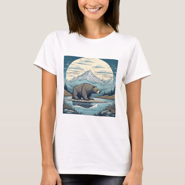Camiseta Oso, Montañas, Lago, Arte Ai Luna Llena (Anverso)