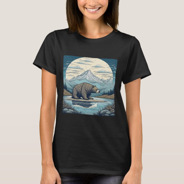 Camiseta Oso, Montañas, Lago, Arte Ai Luna Llena (Anverso)