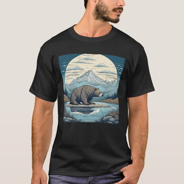 Camiseta Oso, Montañas, Lago, Arte Ai Luna Llena (Anverso)