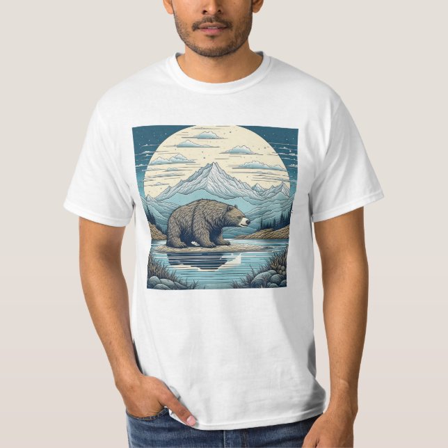 Camiseta Oso, Montañas, Lago, Arte Ai Luna Llena (Anverso)