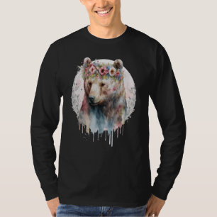 Camiseta Oso Pardo Acuarela Artística Corona de Flores Boho