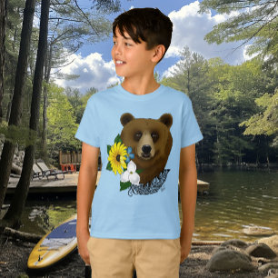 Camiseta Oso Pardo Flores Azules Pluma Vida Silvestre