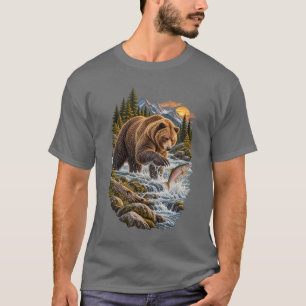 Camiseta Oso Pardo Pescando Salmón Río de Montaña