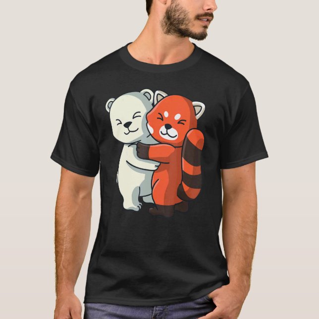 Camiseta Oso Polar Y Panda Rojo Cute Animales Abrazando A M (Anverso)