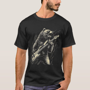 Camiseta Oso retro tocando oso de guitarra de tocador negro