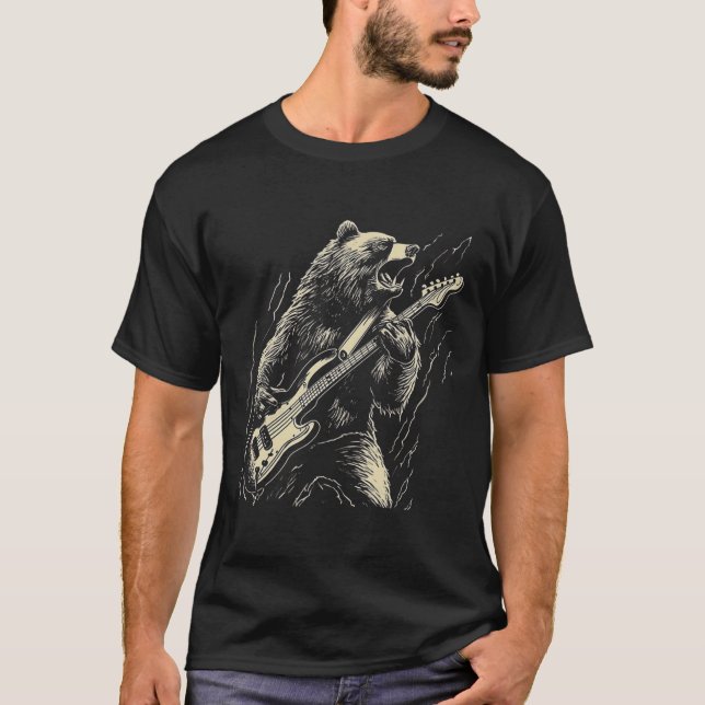 Camiseta Oso retro tocando oso de guitarra de tocador negro (Anverso)