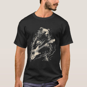 Camiseta Oso retro tocando oso de guitarra de tocador negro
