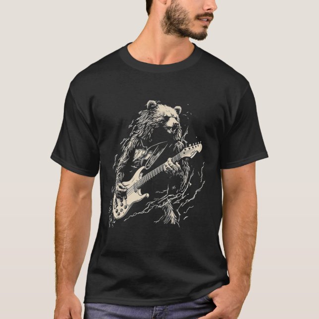 Camiseta Oso retro tocando oso de guitarra de tocador negro (Anverso)