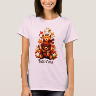 Camiseta Osos de otoño acogedores apilados hojas de otoño y