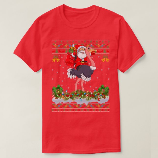 Camiseta Ostrich Bird Xmas Pajama Ugly Santa Riding Ostrich (Diseño del anverso)