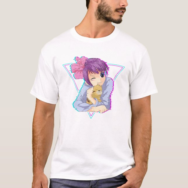 Camiseta Otaku Glitch Anime Chica Manga Kawaii Gato Japonés (Anverso)