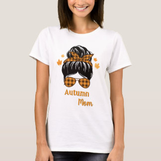 Camiseta Otoño Mamá Moño Desordenado Gafas de Sol Cuadro de