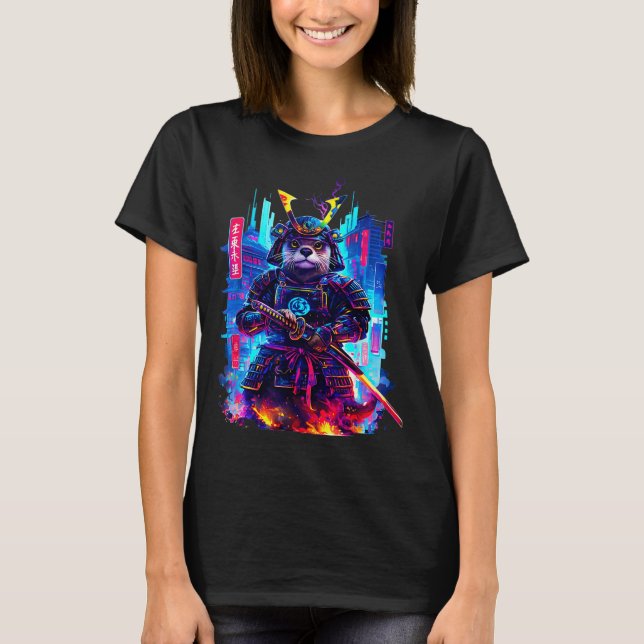 Camiseta Otter Katana Cyberpunk Neon Samurai Japanese Art  (Anverso)