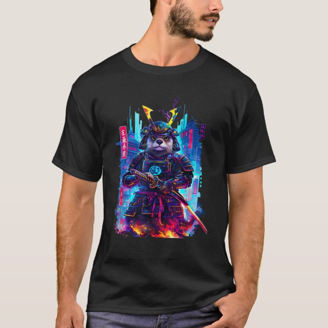 Camiseta Otter Katana Cyberpunk Neon Samurai Japanese Art (Anverso)