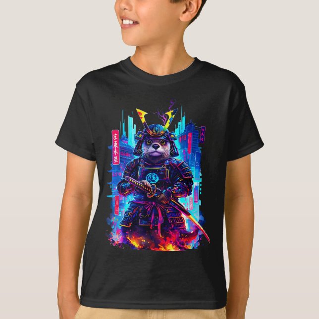 Camiseta Otter Katana Cyberpunk Neon Samurai Japanese Art  (Anverso)